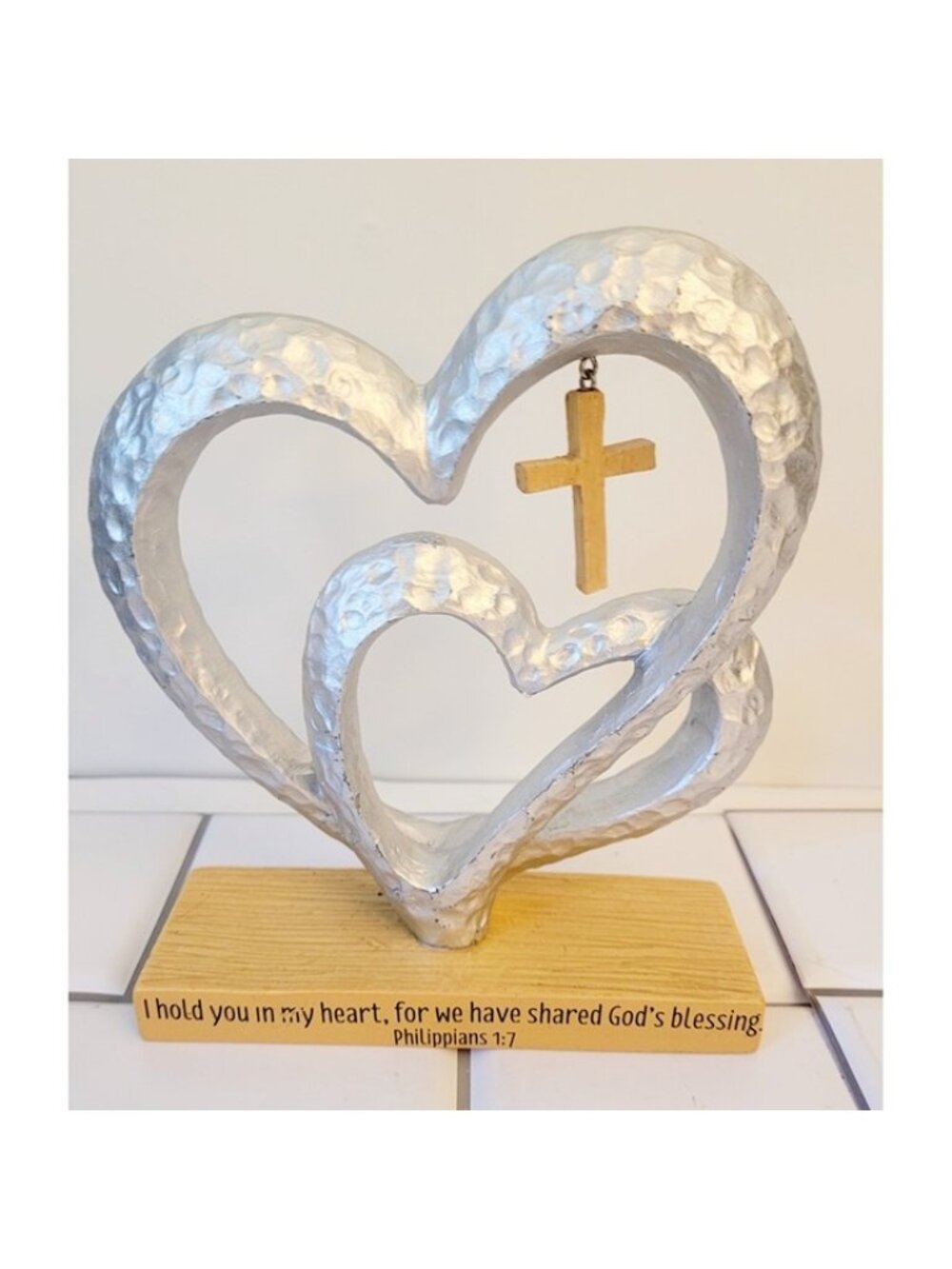 Double Heart Sculpture Decor Romantic Silver Sculpture of Two Hearts and Cross